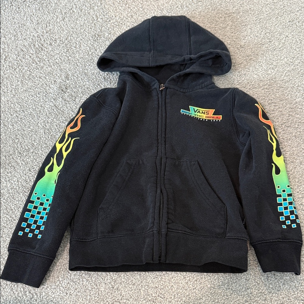 Vans Kids Black Hoodie with Green and Orange Flame Accents
